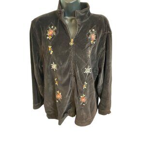 Alfred Dunner Black Velour Full Zip Embroidered Jacket Sz 16